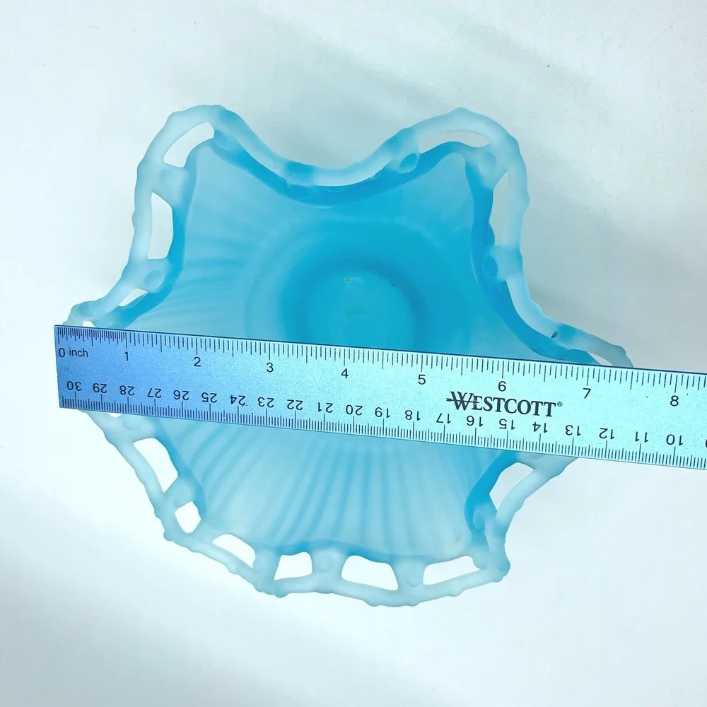 Vintage Westmoreland Frosted Blue Glass Candy‎ Dish Ruffled Edge Pedestal Bowl